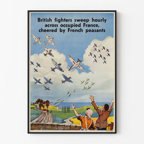 Vintage poster of British airplanes flying over occupied France