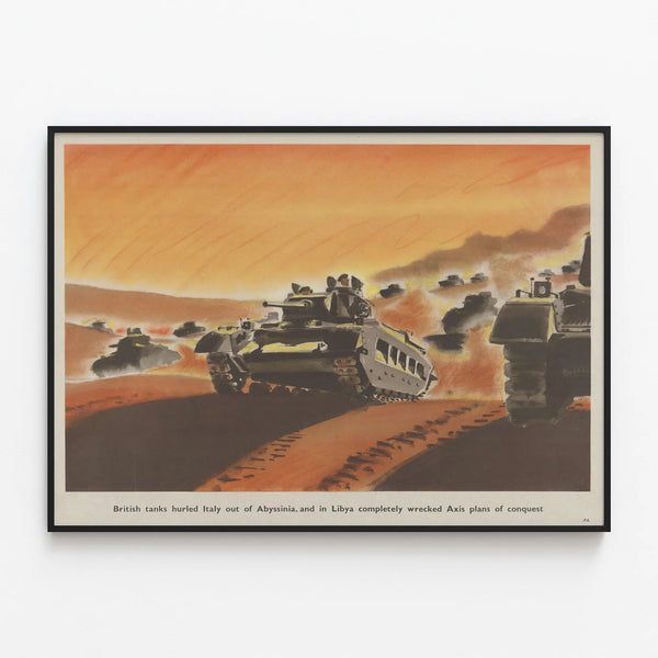Vintage British tanks poster of the Africa battle — framed artwork on a wall