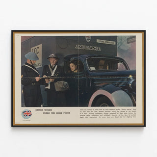 Vintage poster of British women at civil defense — framed artwork on a wall