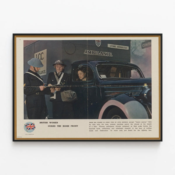 Vintage poster of British women at civil defense — framed artwork on a wall