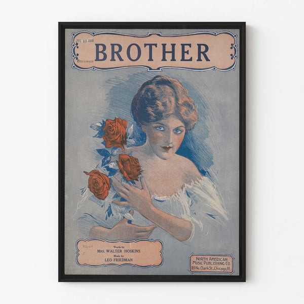Vintage decorative poster 'Brother' with female portrait and red roses