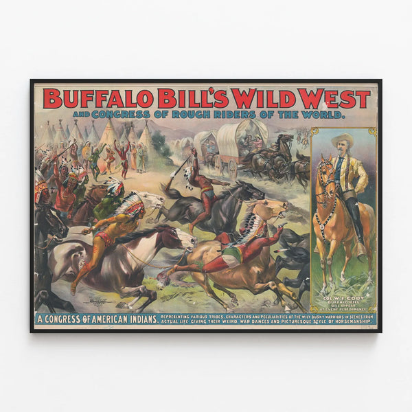 Buffalo Bill's Wild West Poster and Western Cavalry Congress — framed artwork on a wall
