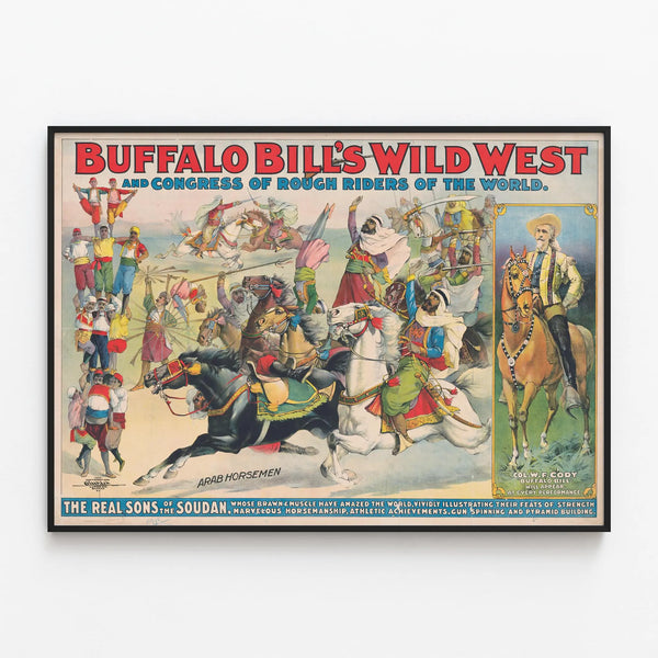 Vintage Poster of Buffalo Bill's Wild West and Rough Riders Congress — framed artwork on a wall