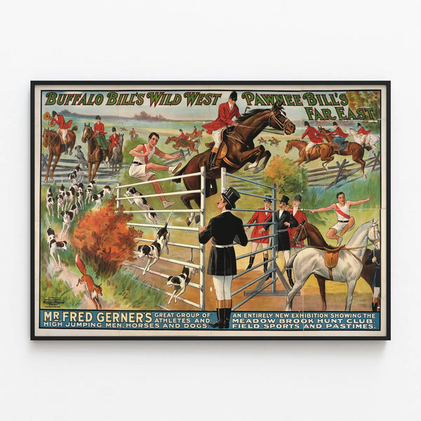 Vintage Poster of Buffalo Bill's Wild West & Pawnee Bill's Far East - Equestrian and Sports Wall Decoration — framed artwork on a wall
