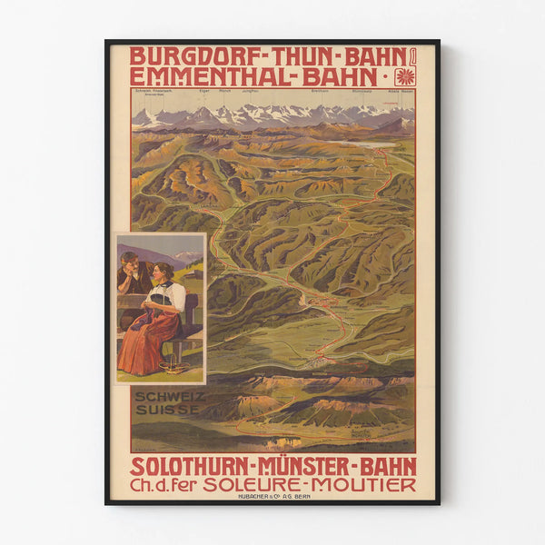 Vintage Poster of Swiss Railway Route Map Emmental and Münster