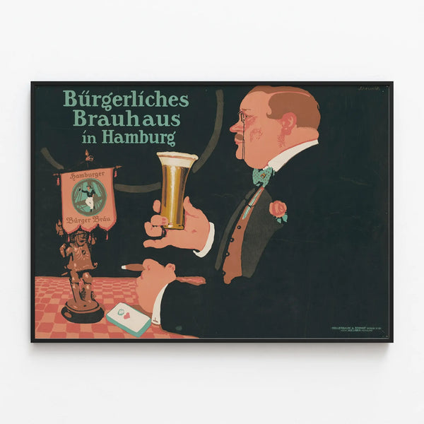Vintage poster of Bürgerliches Brauhaus in Hamburg - Beer and retro decor poster — framed artwork on a wall