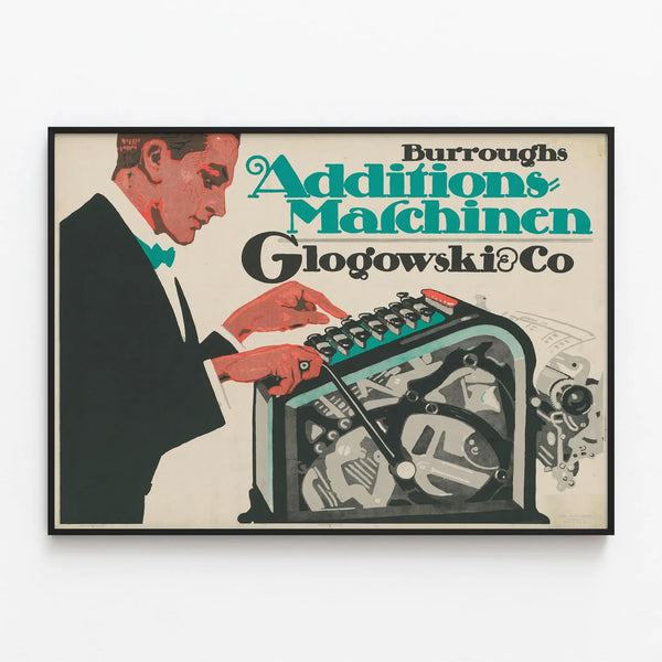 Vintage Poster Burroughs Additions Machines Glogowski & Co — framed artwork on a wall