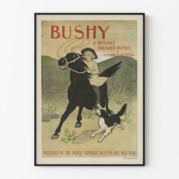 Vintage Bushy poster with child on horseback and dog