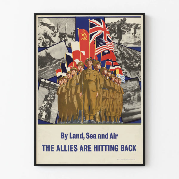 Allied Military Propaganda Poster by Land, Sea, and Air
