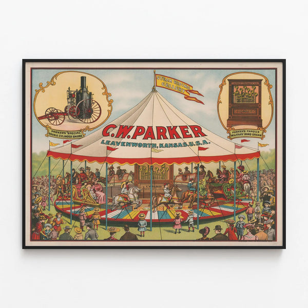 Retro poster of steam carousel and military organ C.W. Parker — framed artwork on a wall