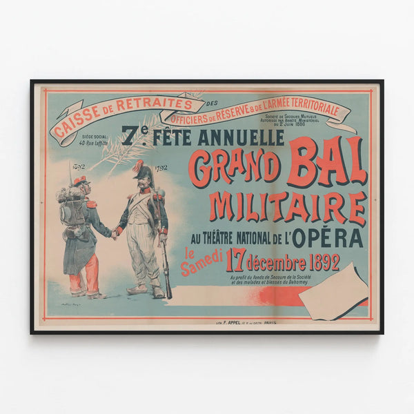 Vintage Poster of the Grand Military Ball 1892 - Military Wall Decoration — framed artwork on a wall