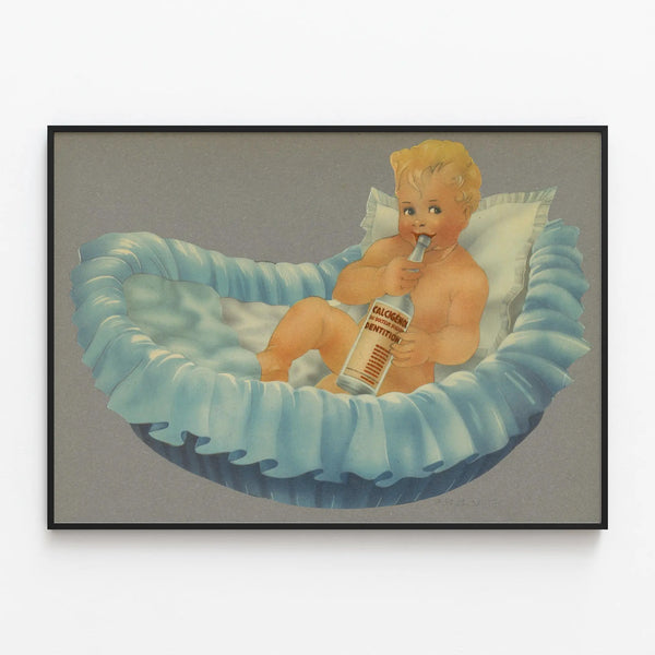 Vintage baby poster and Calcigénol for teething — framed artwork on a wall