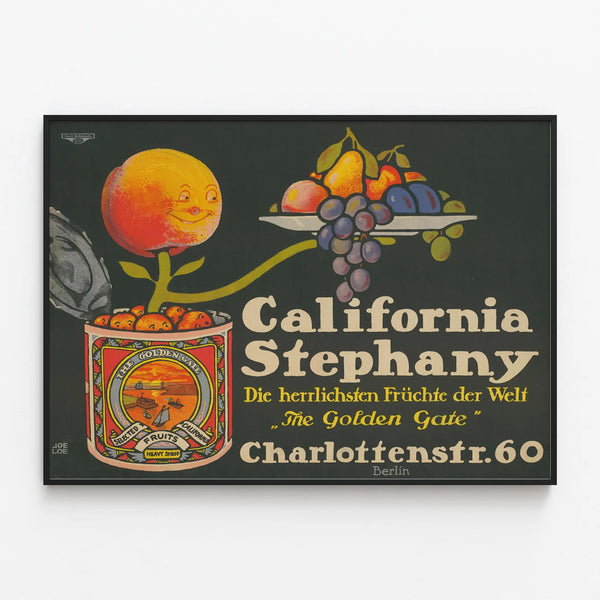 Vintage poster of Californian fruits "The Golden Gate" — framed artwork on a wall