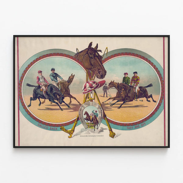Vintage Horse Race Poster Called Back They Are Off — framed artwork on a wall