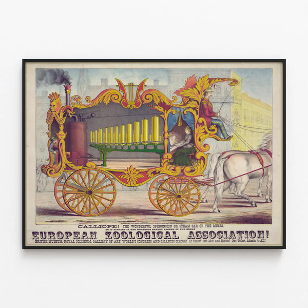 Calliope wall decoration poster, the musical steam engine — framed artwork on a wall