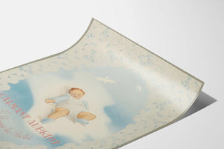 Vintage poster of a sleeping baby framed with lace