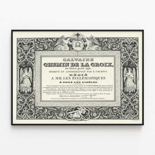 Calvary Poster of the Way of the Cross lithographed by F. Courtin — framed artwork on a wall
