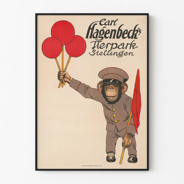 Vintage poster of Carl Hagenbeck's Animal Park Stellingen with a chimpanzee in uniform