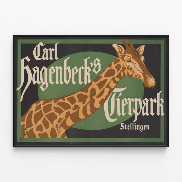 Vintage poster of Carl Hagenbeck's Tierpark Stellingen Giraffe — framed artwork on a wall