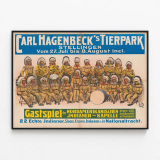 Vintage Poster of Carl Hagenbeck’s Animal Park Stellingen - Indigenous Musical Show — framed artwork on a wall