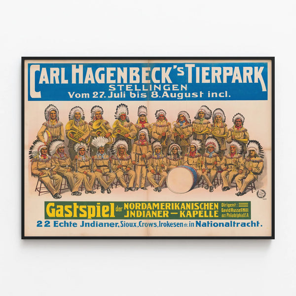 Vintage Poster of Carl Hagenbeck’s Animal Park Stellingen - Indigenous Musical Show — framed artwork on a wall
