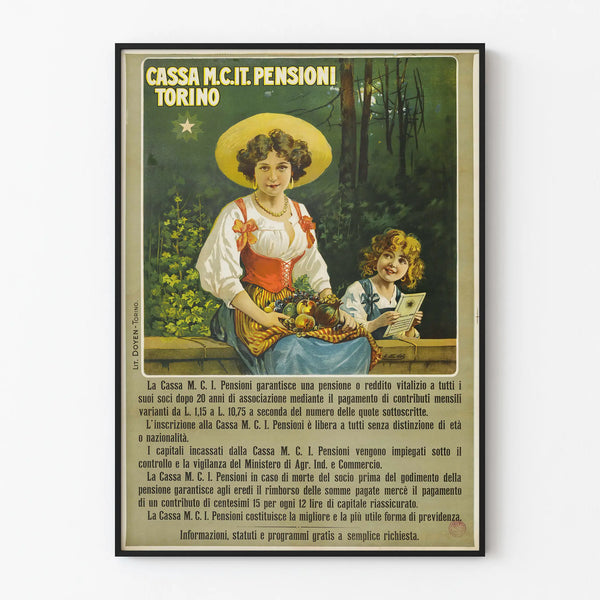 Vintage poster Cassa M.C.I. Pensions Turin for wall decoration