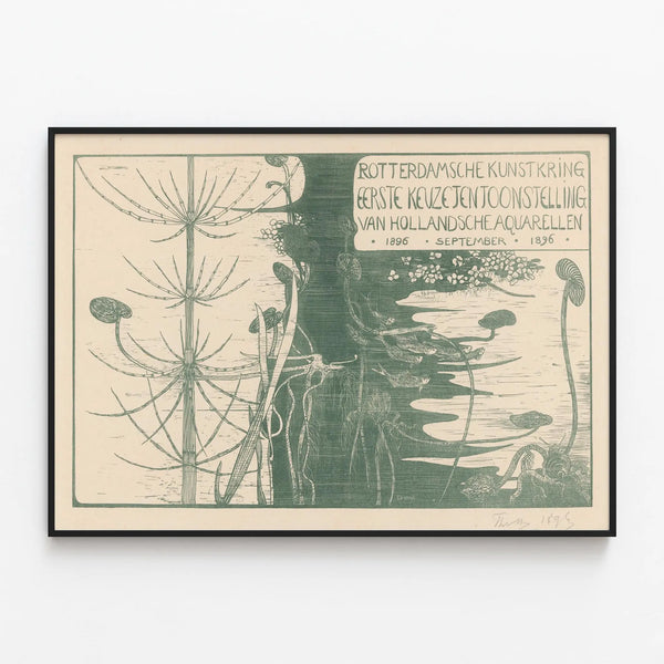 Vintage artistic poster with aquatic plants and fish — framed artwork on a wall