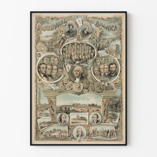 Historical Poster 'Centennial America' Depicting Key Figures and Events of the United States