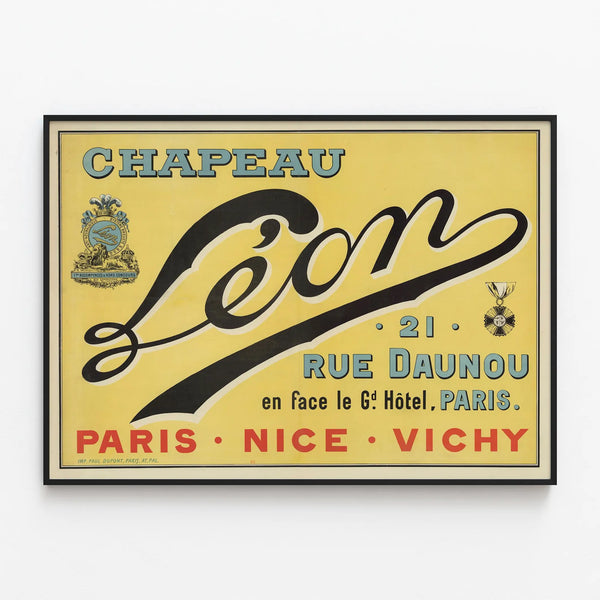 Vintage Poster Hat Léon - 21 Rue Daunou Paris — framed artwork on a wall