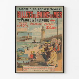 Vintage poster of seaside bath tickets for beaches in Brittany