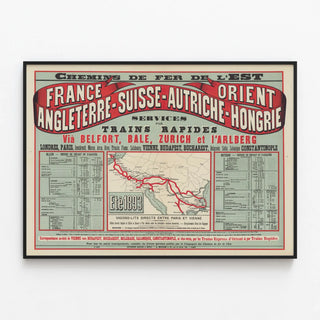 Vintage Poster of the Eastern Railway - High-Speed Trains France and Europe 1893 — framed artwork on a wall
