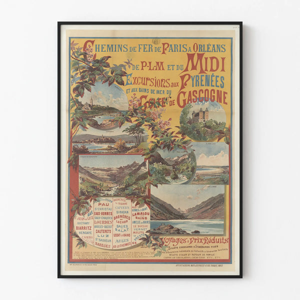 Vintage poster of the Paris-Orléans Railway for excursions to the Pyrenees and the Gulf of Gascogne