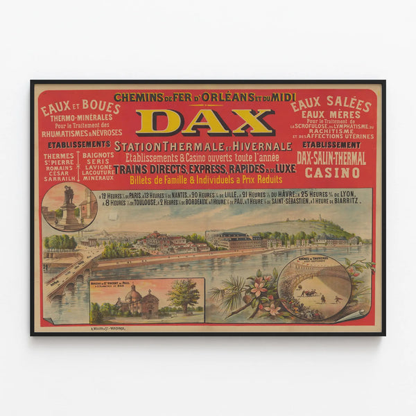 Vintage poster of the Orleans and Midi Railways - Dax Thermal and Winter Station — framed artwork on a wall