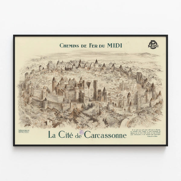 Vintage Poster of the Midi Railway The City of Carcassonne — framed artwork on a wall