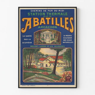 Vintage blue and orange poster for the Abatilles thermal spa in Arcachon