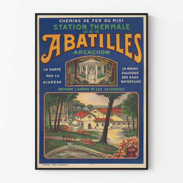 Vintage blue and orange poster for the Abatilles thermal spa in Arcachon