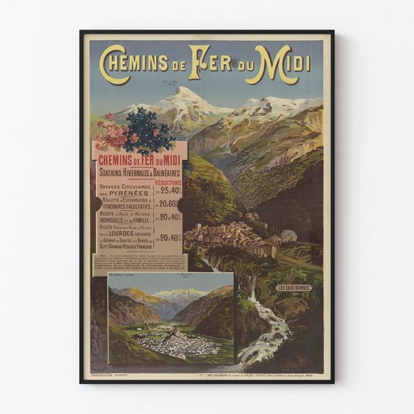Vintage poster of the Midi Railway - Pyrenean Stations Les Eaux-Bonnes and Luchon