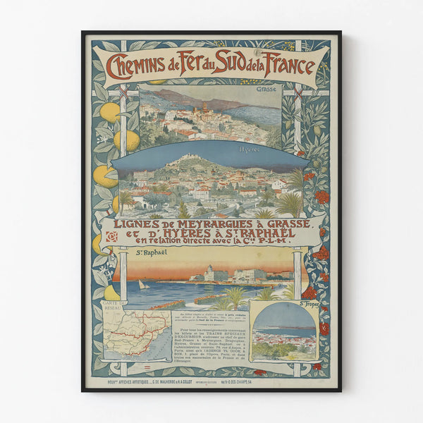 Vintage poster of the Southern France Railways - Meyrargues to Grasse and Hyères to Saint-Raphaël lines
