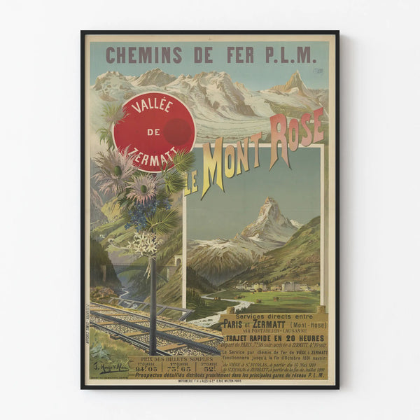 Vintage poster of the P.L.M. railways - Zermatt Valley, Mont Rose
