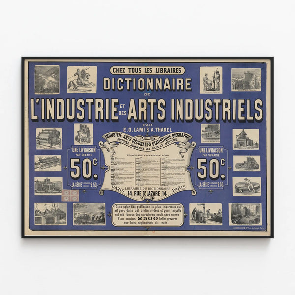 Vintage poster of the Dictionary of Industry and Industrial Arts by E.O. Lami & A. Tharel — framed artwork on a wall