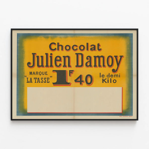 Vintage Poster Julien Damoy Chocolate The Cup — framed artwork on a wall