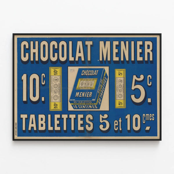 Vintage Chocolat Menier Poster Tablets 5 and 10 Cents — framed artwork on a wall