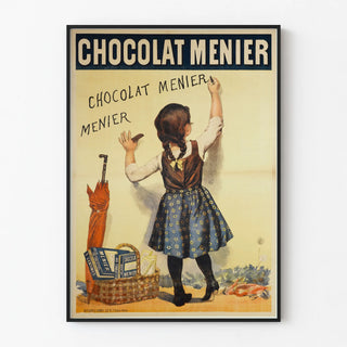 Vintage Chocolat Menier advertising poster with little girl writing on the blackboard