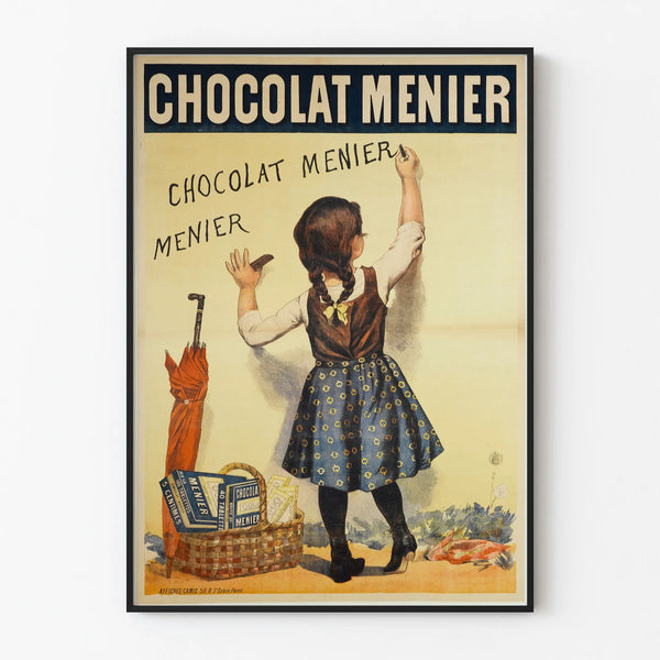 Vintage Chocolat Menier advertising poster with little girl writing on the blackboard