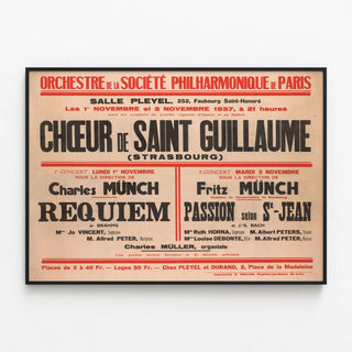 Vintage concert poster of the Saint Guillaume Choir in Strasbourg 1937 — framed artwork on a wall