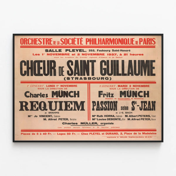 Vintage concert poster of the Saint Guillaume Choir in Strasbourg 1937 — framed artwork on a wall