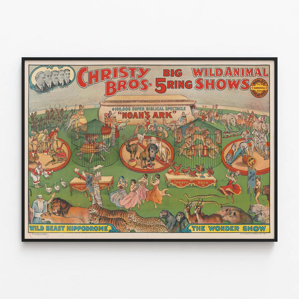 Vintage Poster Christy Bros 5 Big Ring Wild Animal Shows — framed artwork on a wall