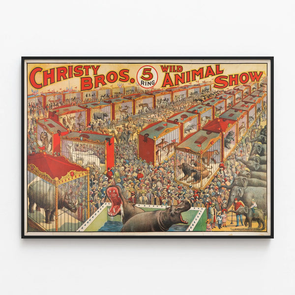 Vintage poster of Christy Bros. Wild Animal Show circus — framed artwork on a wall