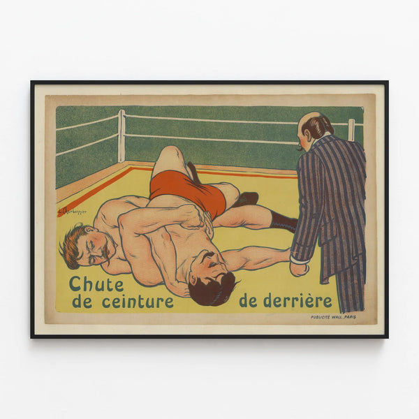 Vintage wrestling poster of back belt drop — framed artwork on a wall