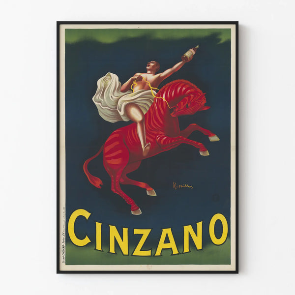 Vintage Cinzano poster of a man on a red horse